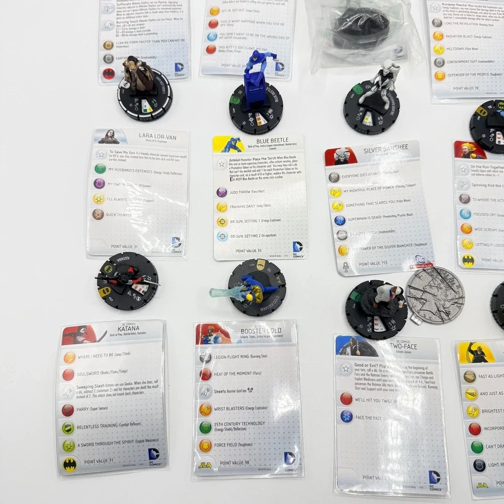 Heroclix DC Comics Uncommon, Super Rare, Unique Mixed Lot of 15 with Cards Lot F